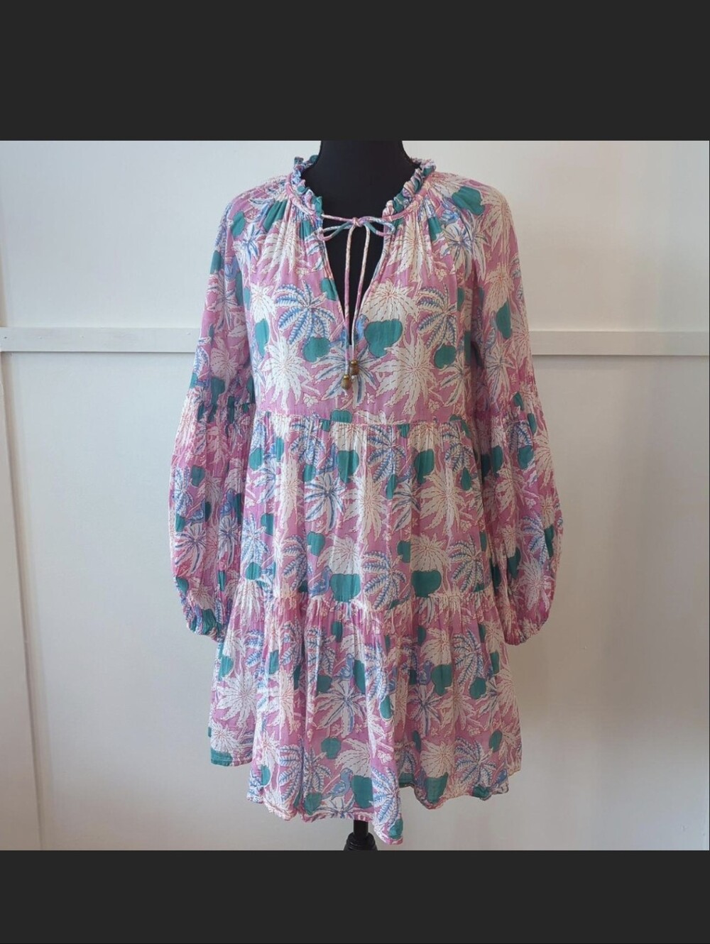 Oliphant pink, teal and white cotton tiered mini dress Size Medium